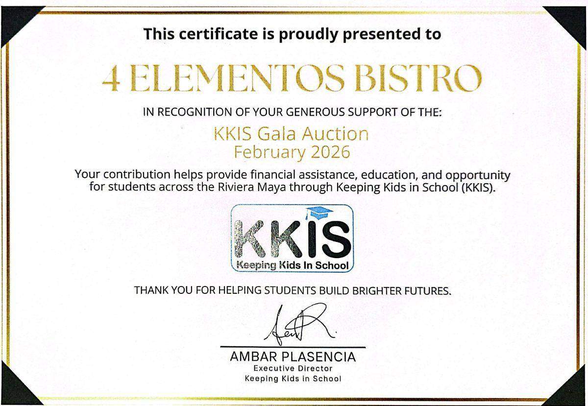 Reconocimiento de Keeping Kids in School a 4 Elementos Bistro por su apoyo a la Gala KKIS 2026
